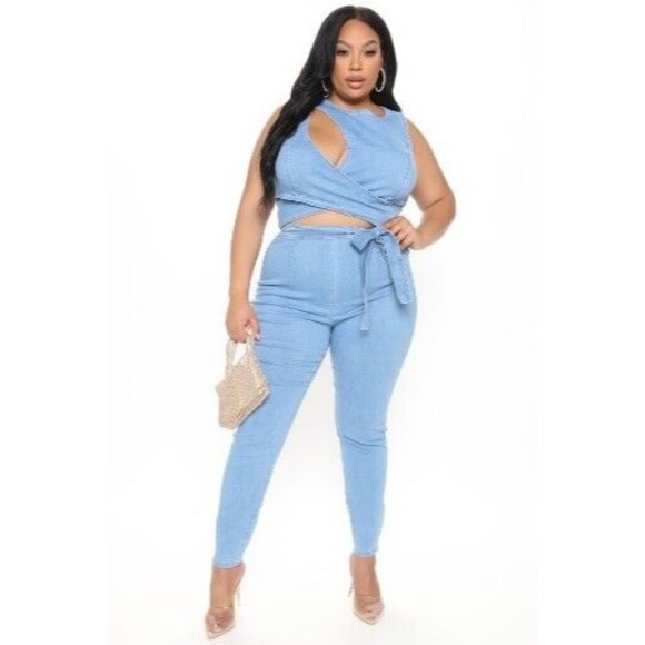 New W Tags Fashion Nova Women's 3XL Cut Out The Haters Light Wash Denim Jumpsuit - Picture 6 of 13